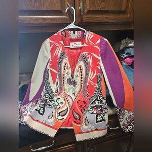ETRO Paisley Patchwork Single Button Blazer in Coral, Purple & Cream